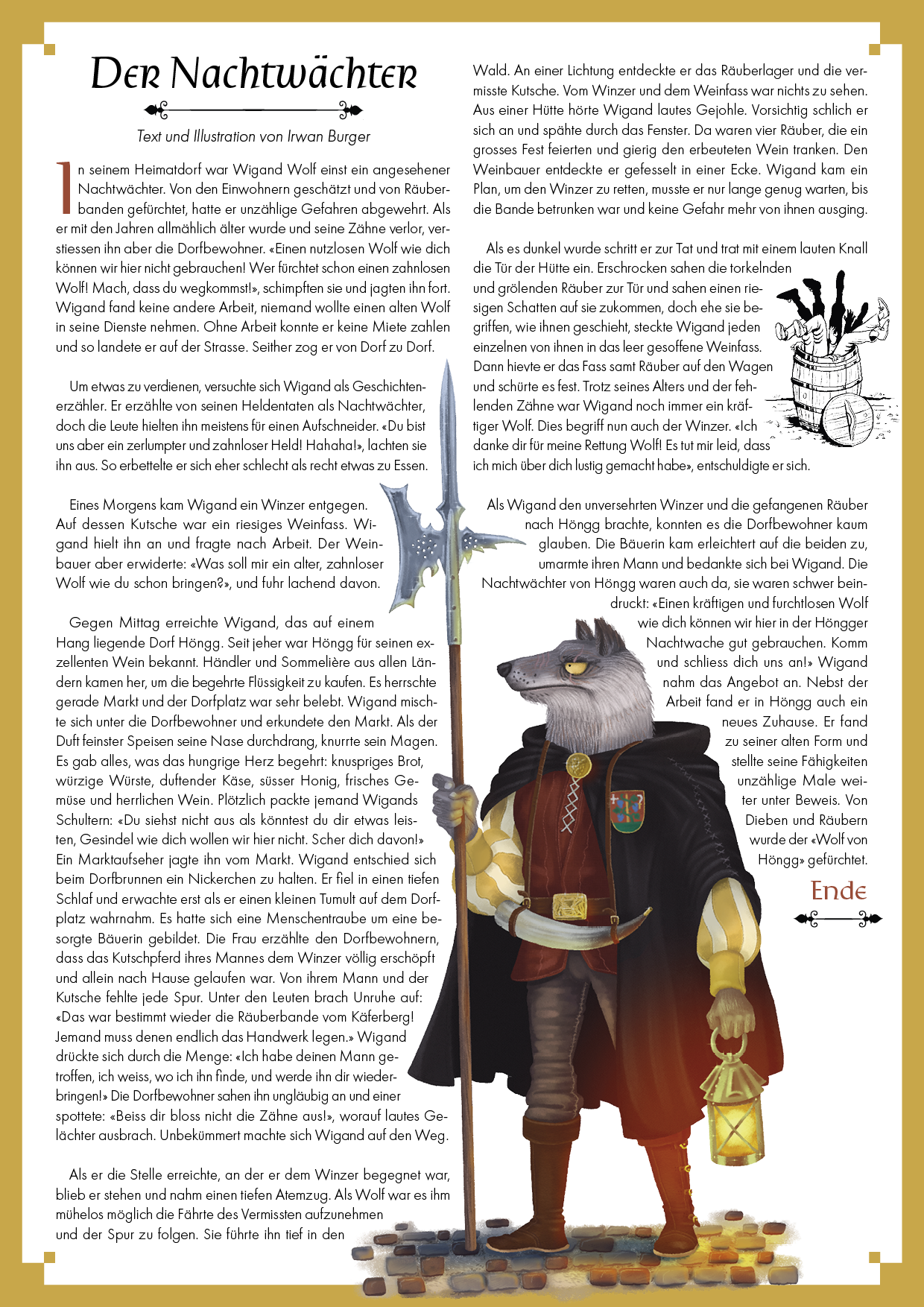A4 Seite mit der Kurzgeschichte «Der Nachtwächter», Text & Illustration