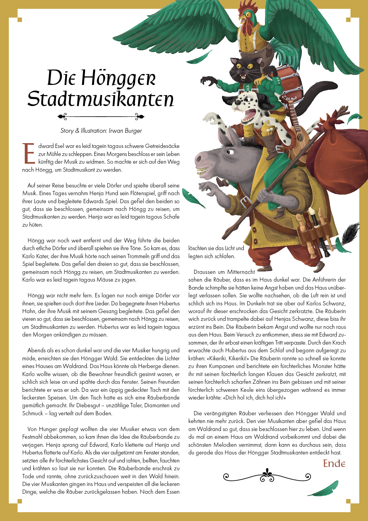 A4 Seite mit der Kurzgeschichte «Die Höngger Stadtmusikanten», Text & Illustration