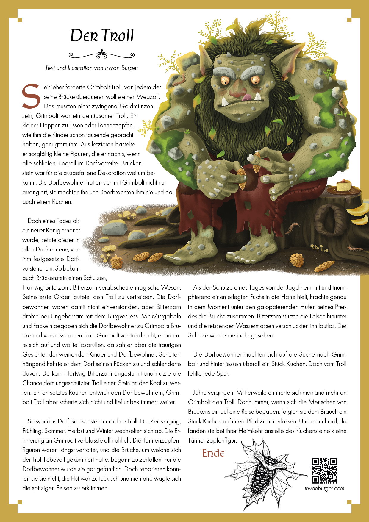A4 Seite mit der Kurzgeschichte «Der Troll», Text & Illustration