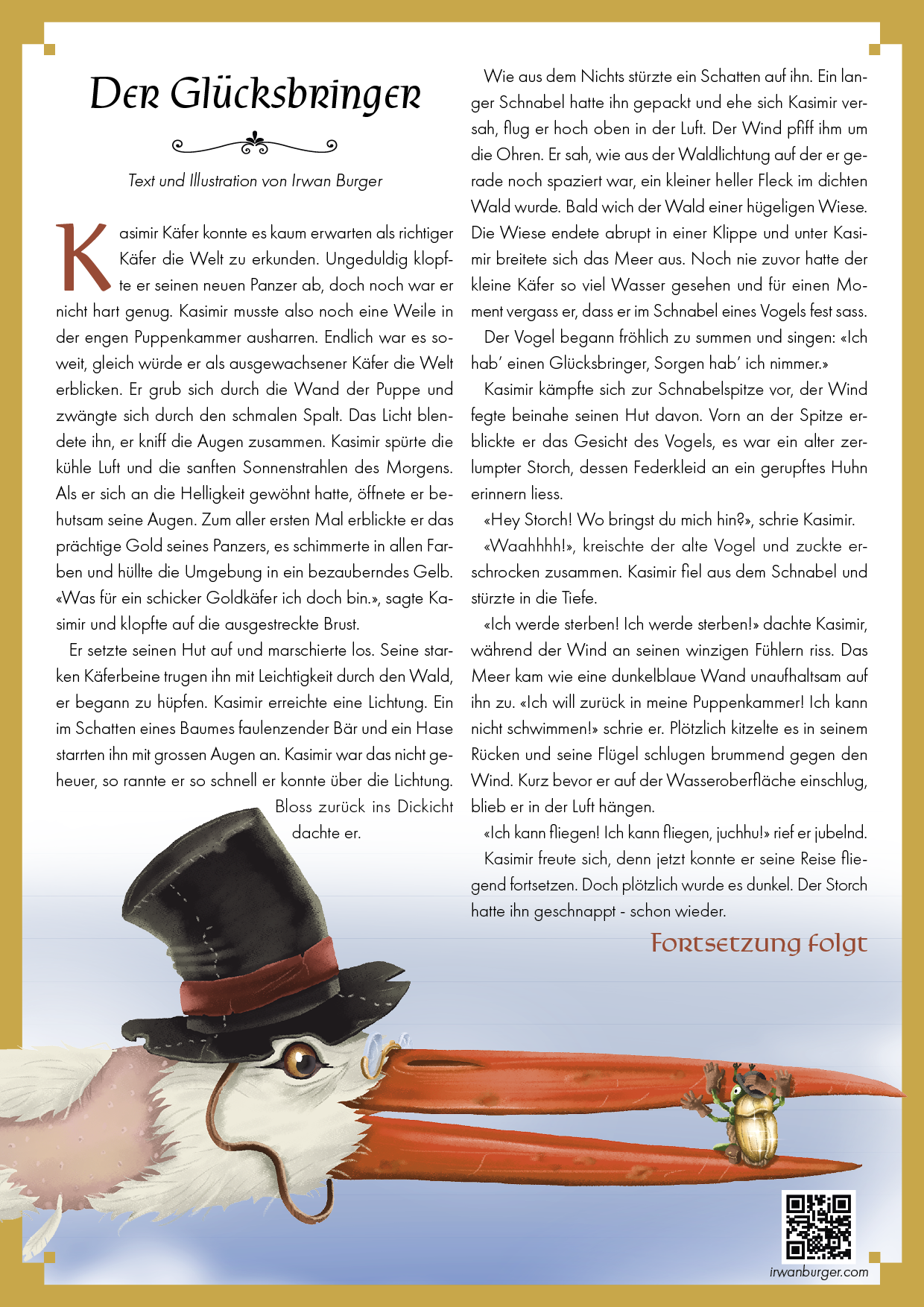 A4 Seite mit der Kurzgeschichte «Der Glücksbringer», Text & Illustration