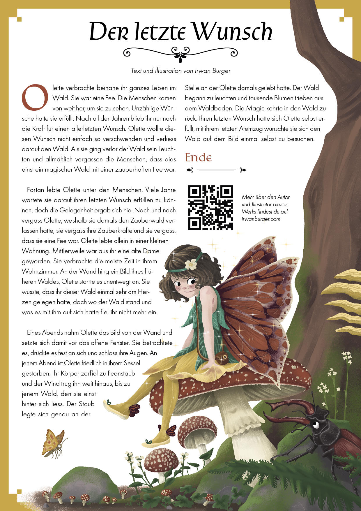 A4 Seite mit der Kurzgeschichte «Der letzte Wunsch», Text & Illustration