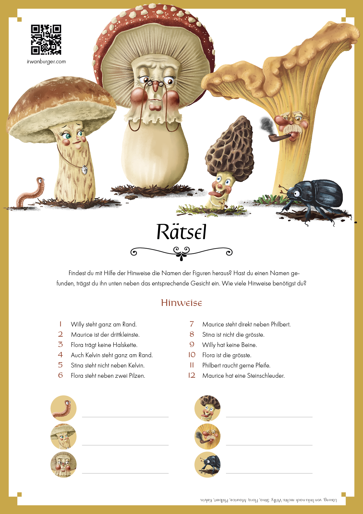 A4 Seite mit dem «Pilzrätsel», Text & Illustration