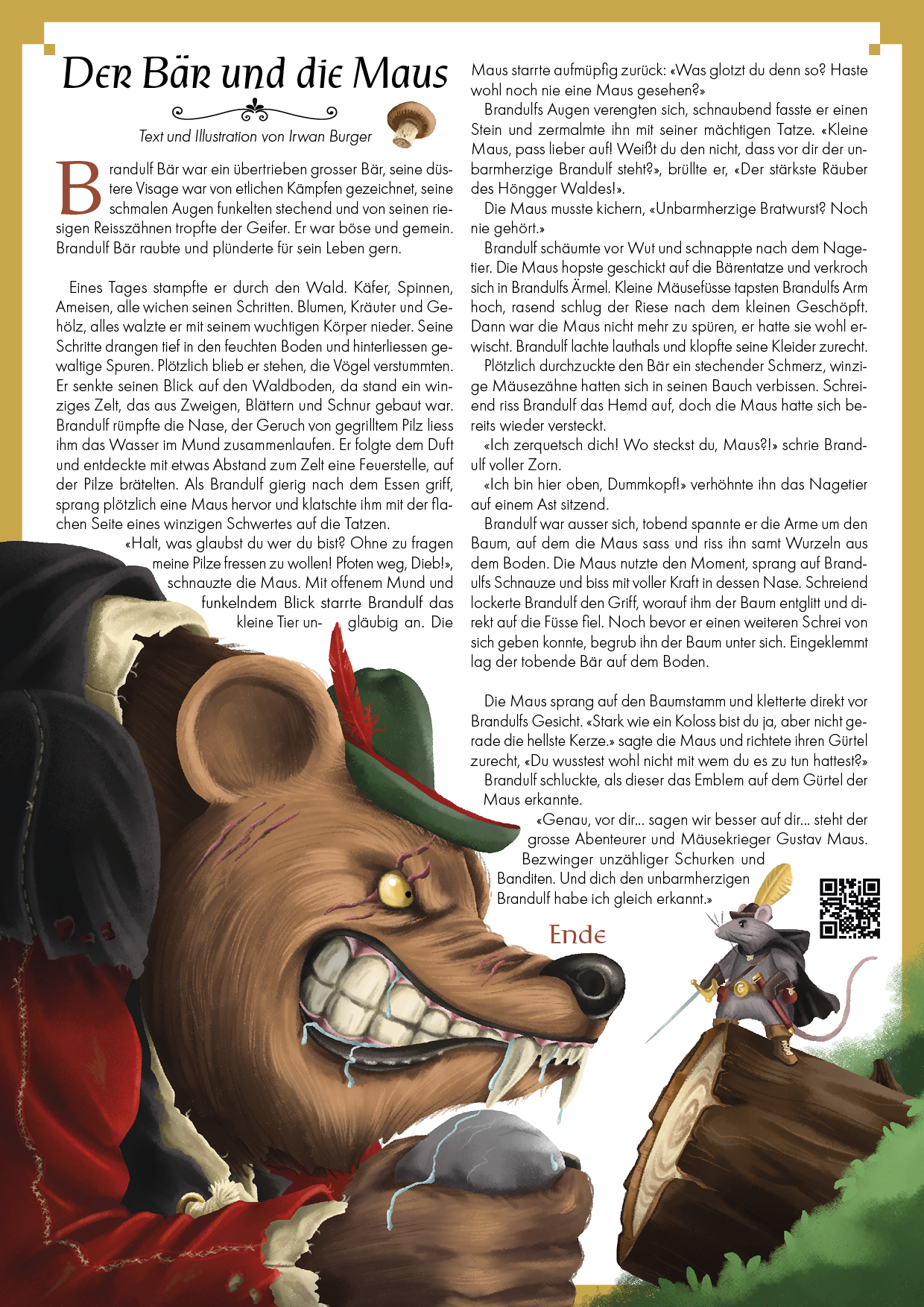 A4 Seite mit der Kurzgeschichte «Der Bär und die Maus», Text & Illustration