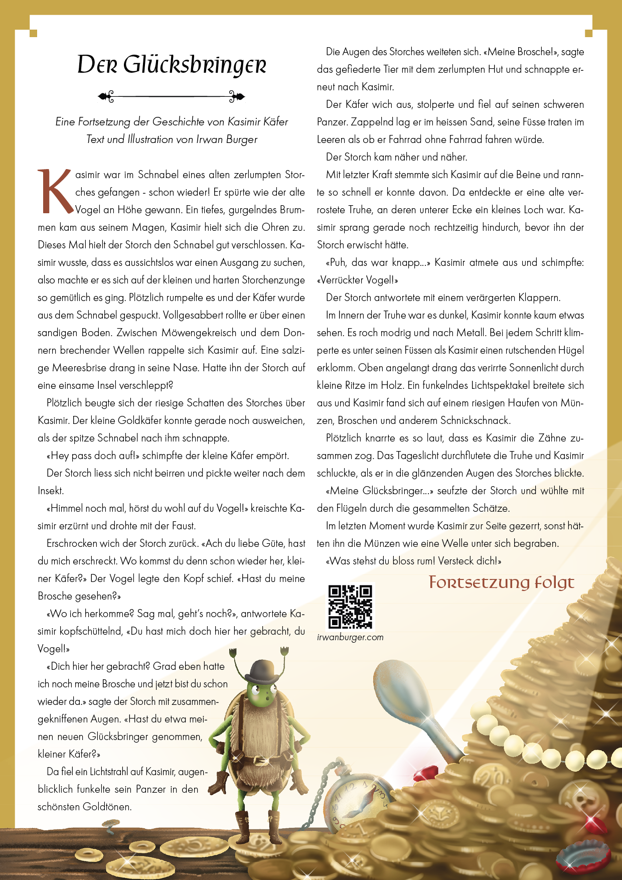 A4 Seite mit dem zweiten Teil der Kurzgeschichte «Der Glücksbringer», Text & Illustration