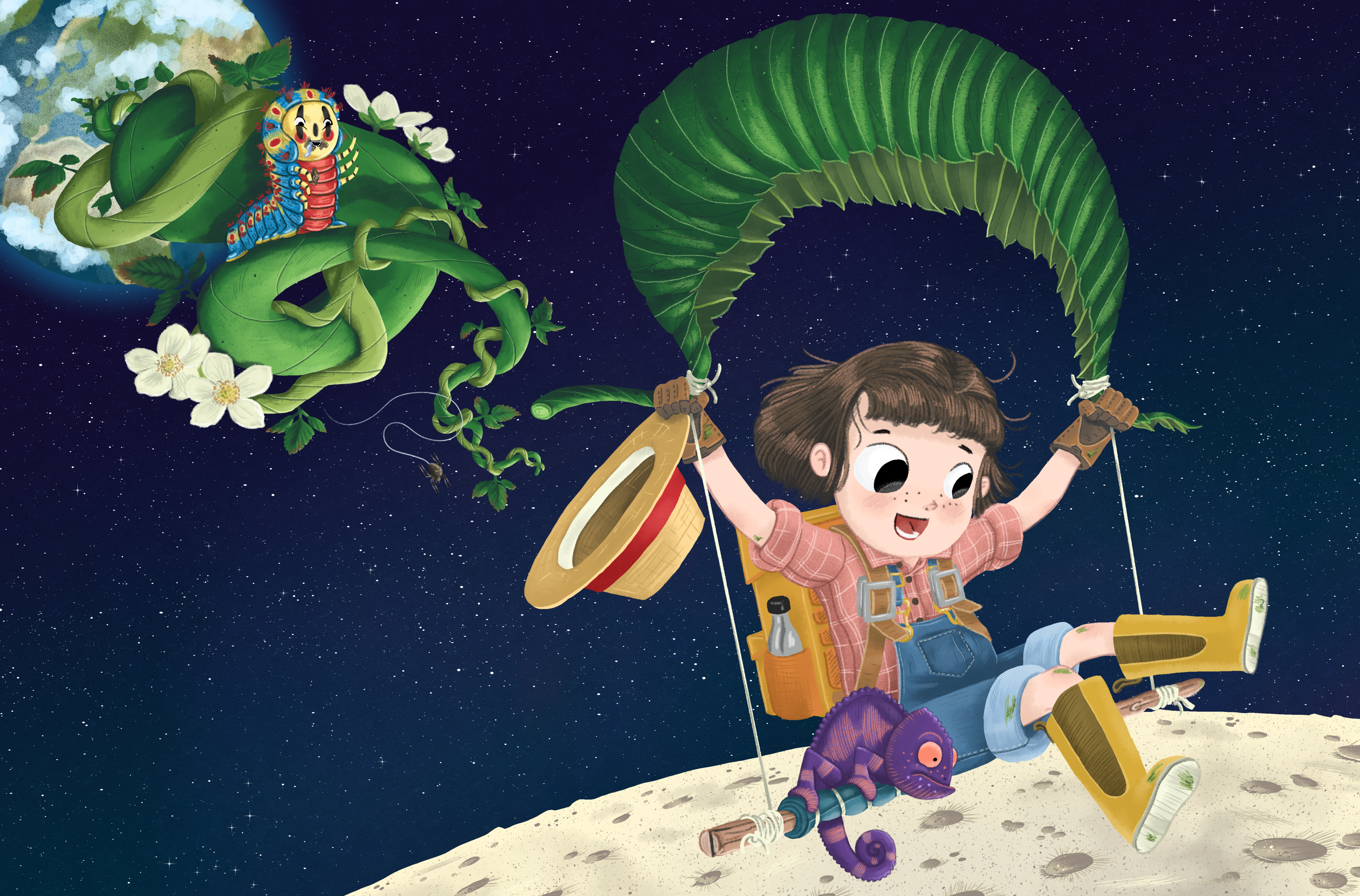 Luise springt mit einem aus einem grossen Himbeerstrauchblatt gebauten Gleiter zum Mond.