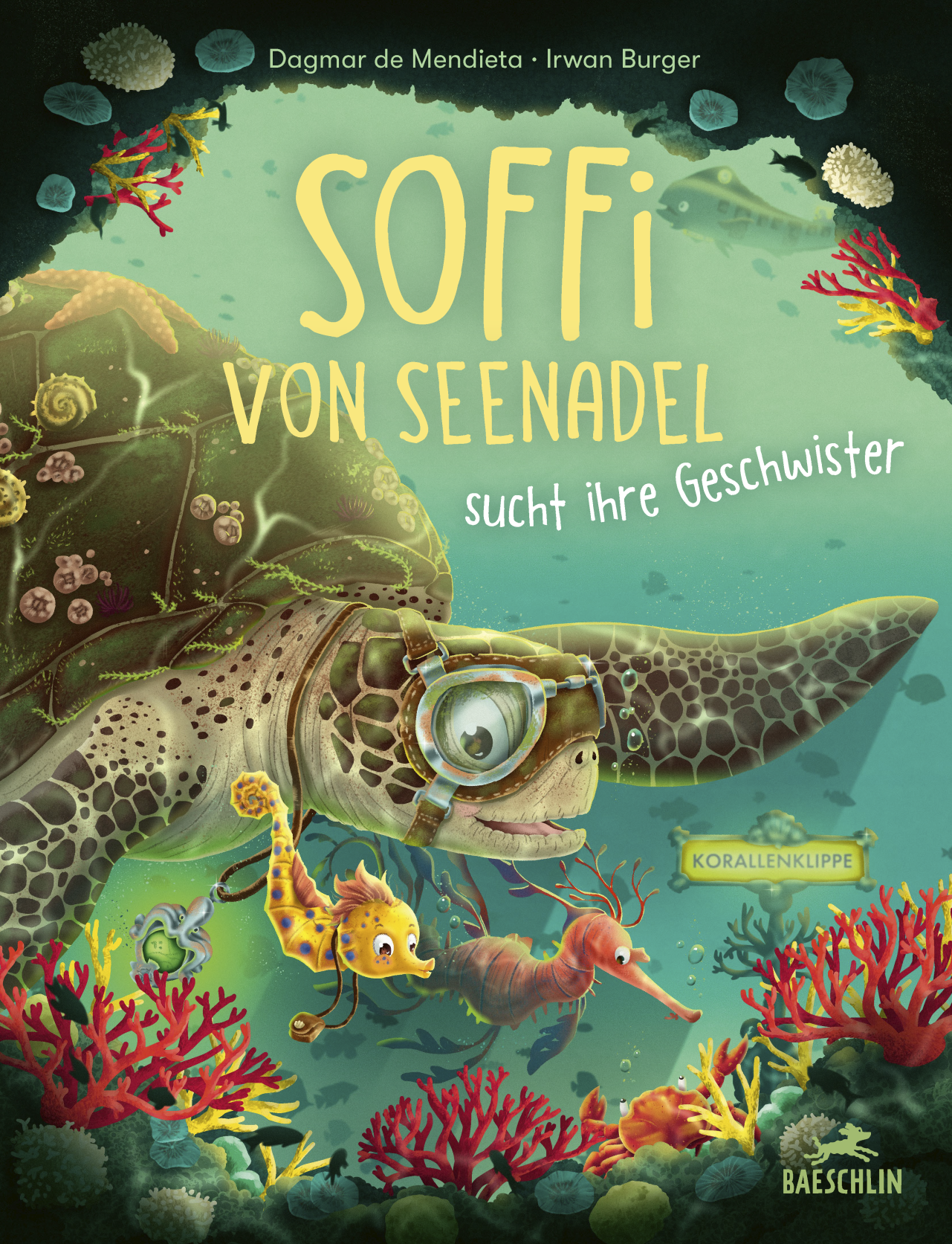Cover des Kinderbuches «Soffi von Seenadel sucht ihre Geschwister». Es zeigt Soffi das Seepferdchen, Molli die Schildkröte und Fetzi den Fetzenfisch, welche gemeinsam eine Krabbe auf einem Korallenriff fragen, ob diese weiss wo Soffis vermisste Geschwister sein könnten.